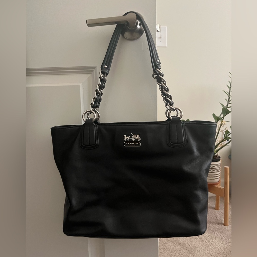 Coach Black Leather Tote with Silver Accents